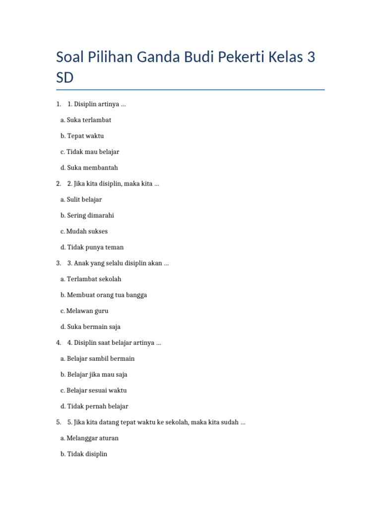 Soal Budi Pekerti Kelas 3 Semester 1 PDF