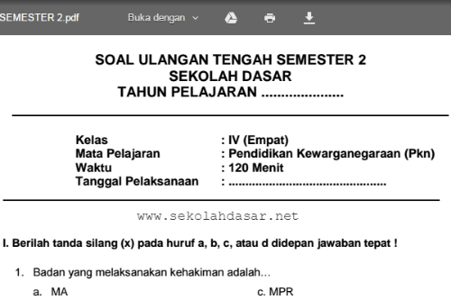 Soal Latihan Uts Pkn Kelas 4 Sd Mi Semester 2