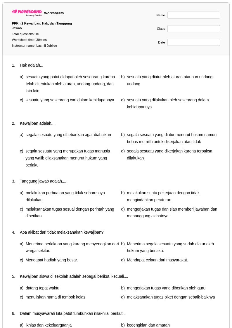 50 lembar kerja Hak dan Tanggung Jawab untuk Kelas 5 di Wayground 50 lembar kerja Hak dan Tanggung Jawab untuk Kelas 5 di Wayground
