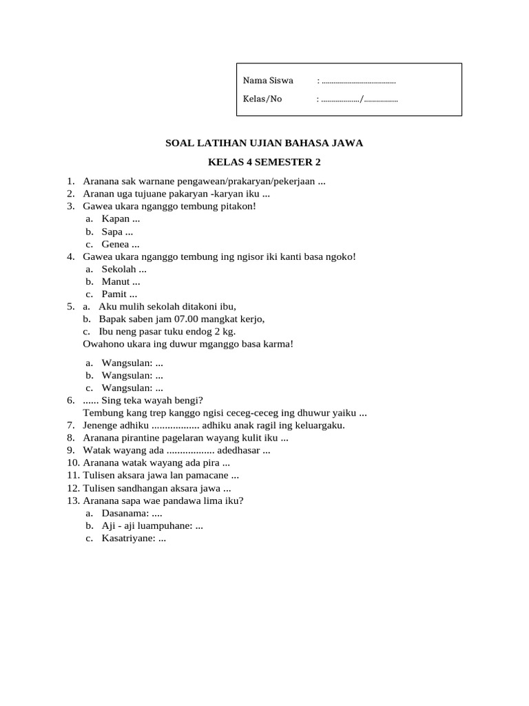 Soal Latihan B Jawa Kelas 4 PDF
