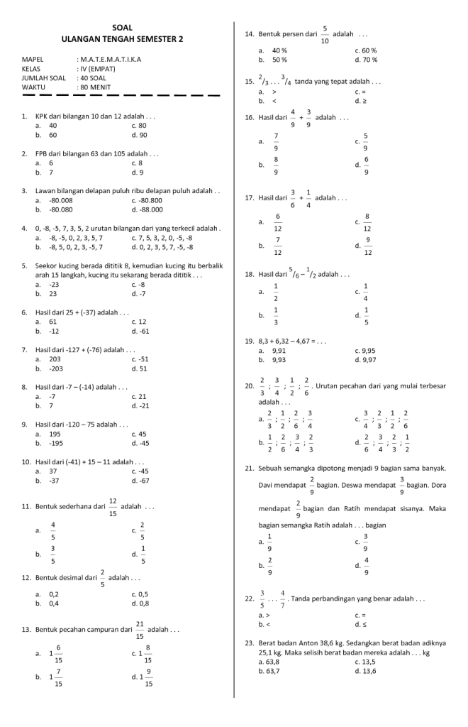 5 Soal Matematika Kelas 4 SD Semester 2 dan Jawabannya yang Wajib Tahu