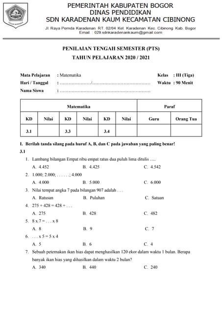 Akhirnya Terungkap Kisi-Kisi Soal PTS Matematika Kelas 3 SD Semester 1 K.13 Beserta 30 Contoh Soal dan Jawabannya