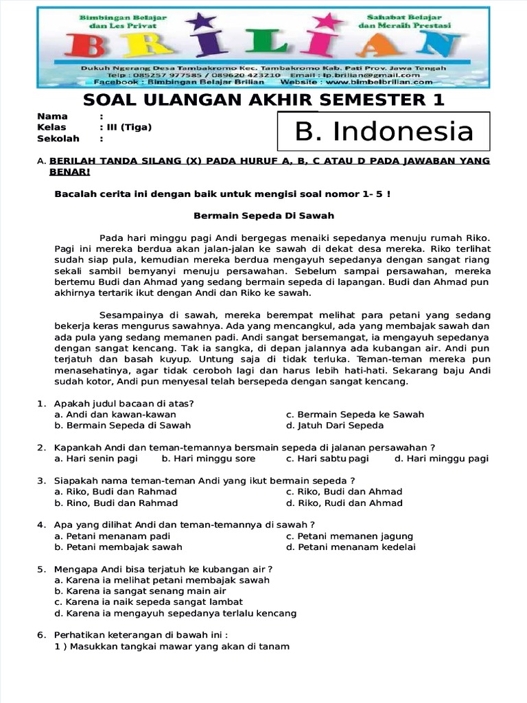 Download Soal Bahasa Indonesia Kelas 3 Semester 1: 15 Latihan Bab Kawan Seiring, Gratis Cetak!