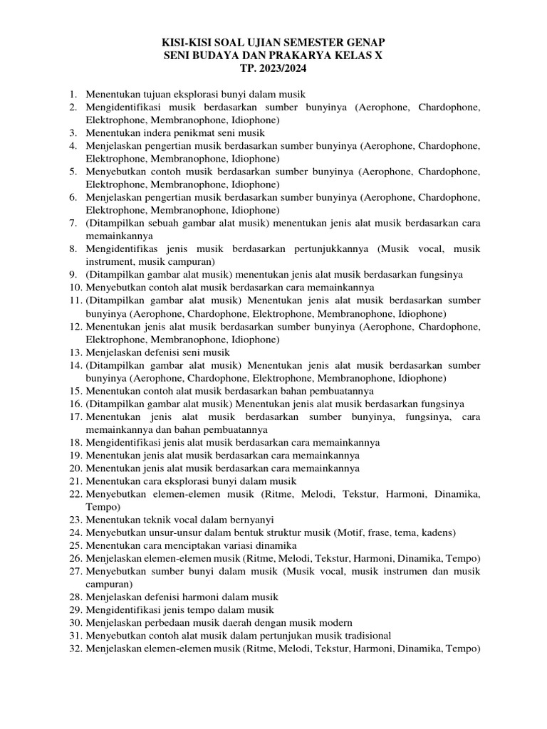 Kisi-kisi Soal Seni Budaya Kelas 3 SMA 2026 Ternyata Begini, Wajib Tahu Sebelum Ujian