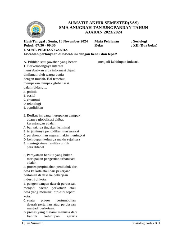 Rahasia Nilai Sempurna dengan Latihan Soal Sosiologi Kelas 12 Semester 1 dan Jawabannya