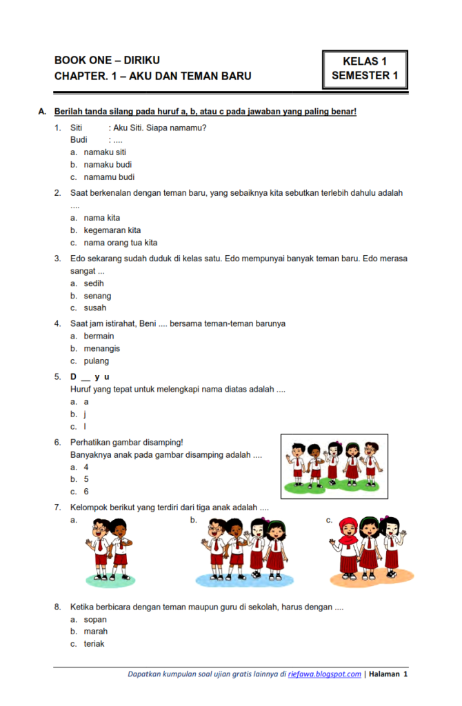 Ternyata 4 Soal Kelas 1 Tema 1 Subtema 1 Sampai 4 yang Wajib Dikuasai