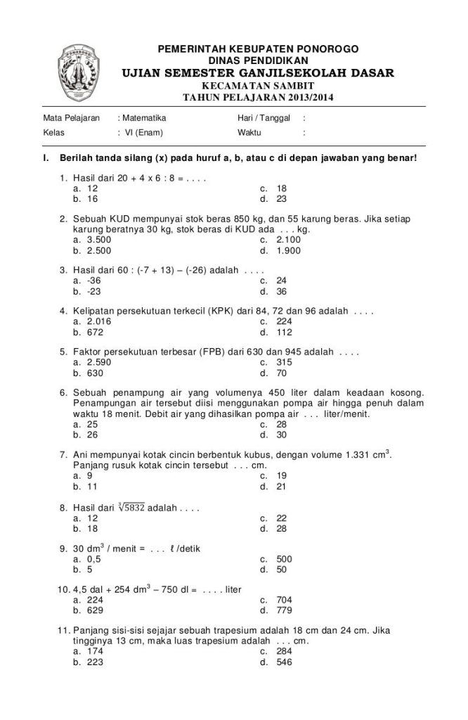 Ternyata Ini Soal Kelas 4 SD Semester 1 yang Wajib Diketahui