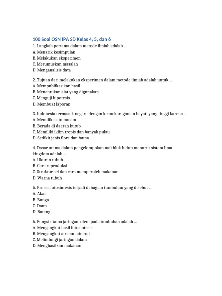 100 Soal OSN IPA SD Kelas 4-6 PDF
