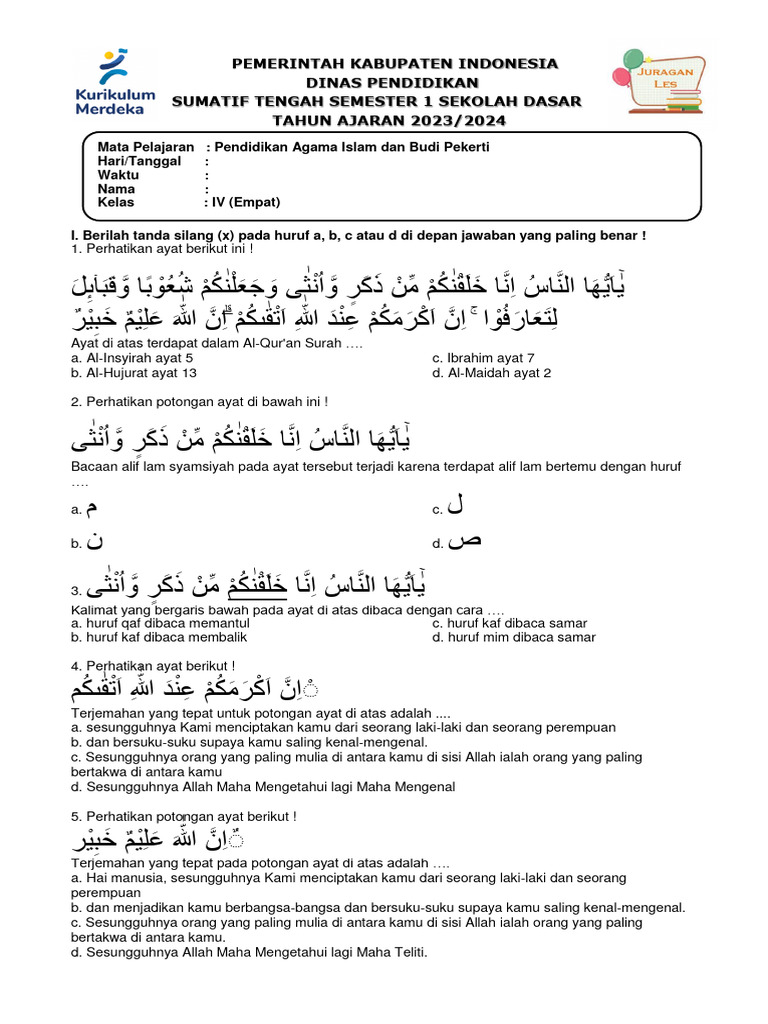 Ternyata Ini Soal Ukk Agama Islam Kelas 4 Semester 2 yang Wajib Diketahui