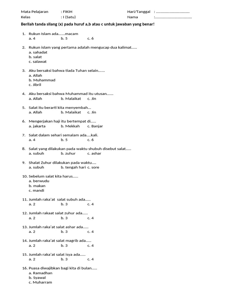 Kuis Fikih untuk Kelas 1 SD PDF