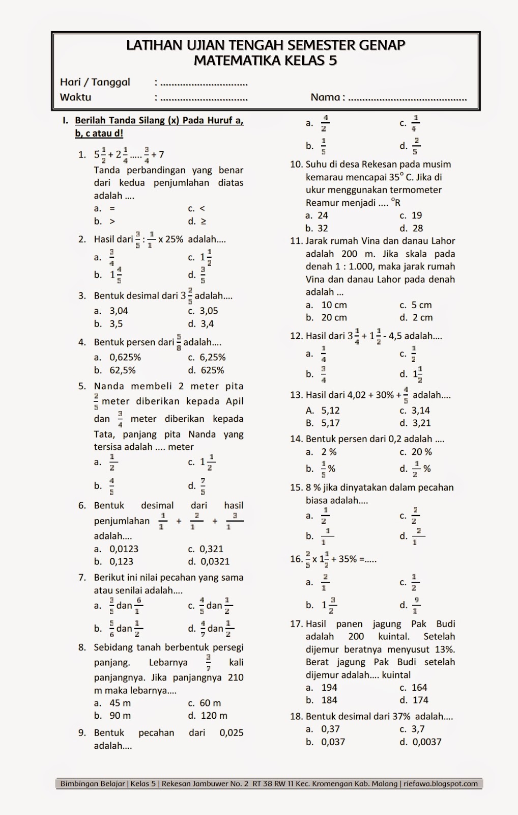 Wajib Tahu! Latihan Soal Matematika UTS 2 Kelas 5 dan Kunci Jawabannya Agar Nilai Sempurna