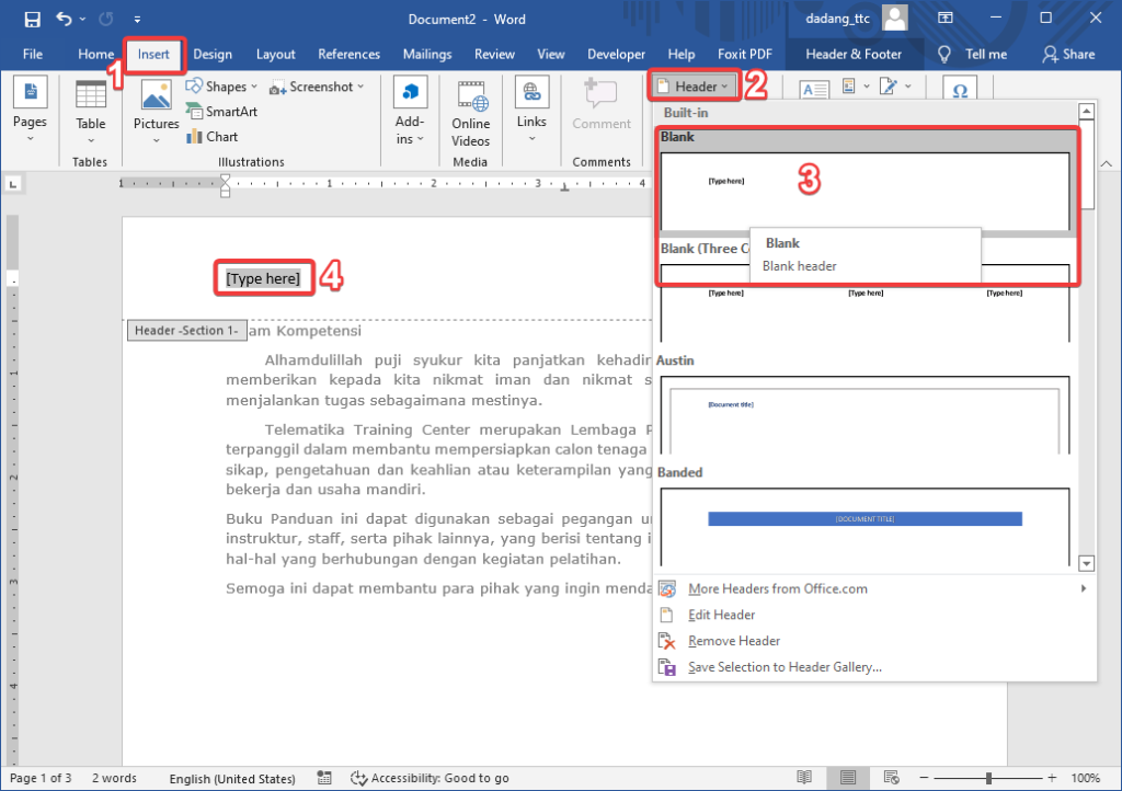 cara hilangkan header di word