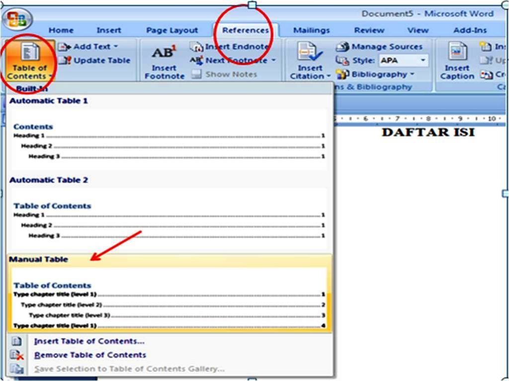 cara membuat daftar isi di word 2007