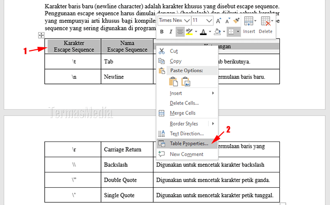 cara membuat kepala tabel muncul di setiap halaman word