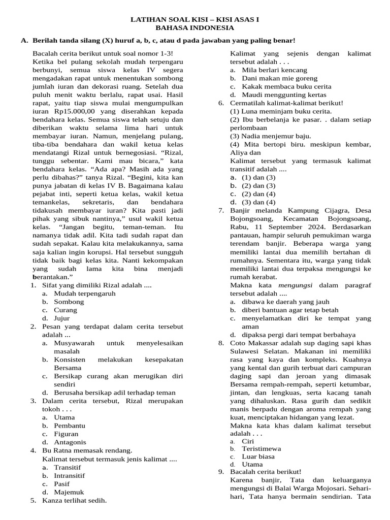 dounload soal bahasa indonesia kelas 4 k13 sesuai kisi-kisinya