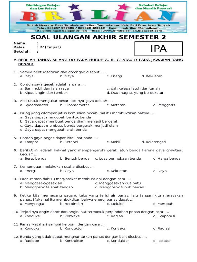 soal ipa kelas 4 sd semester 1
